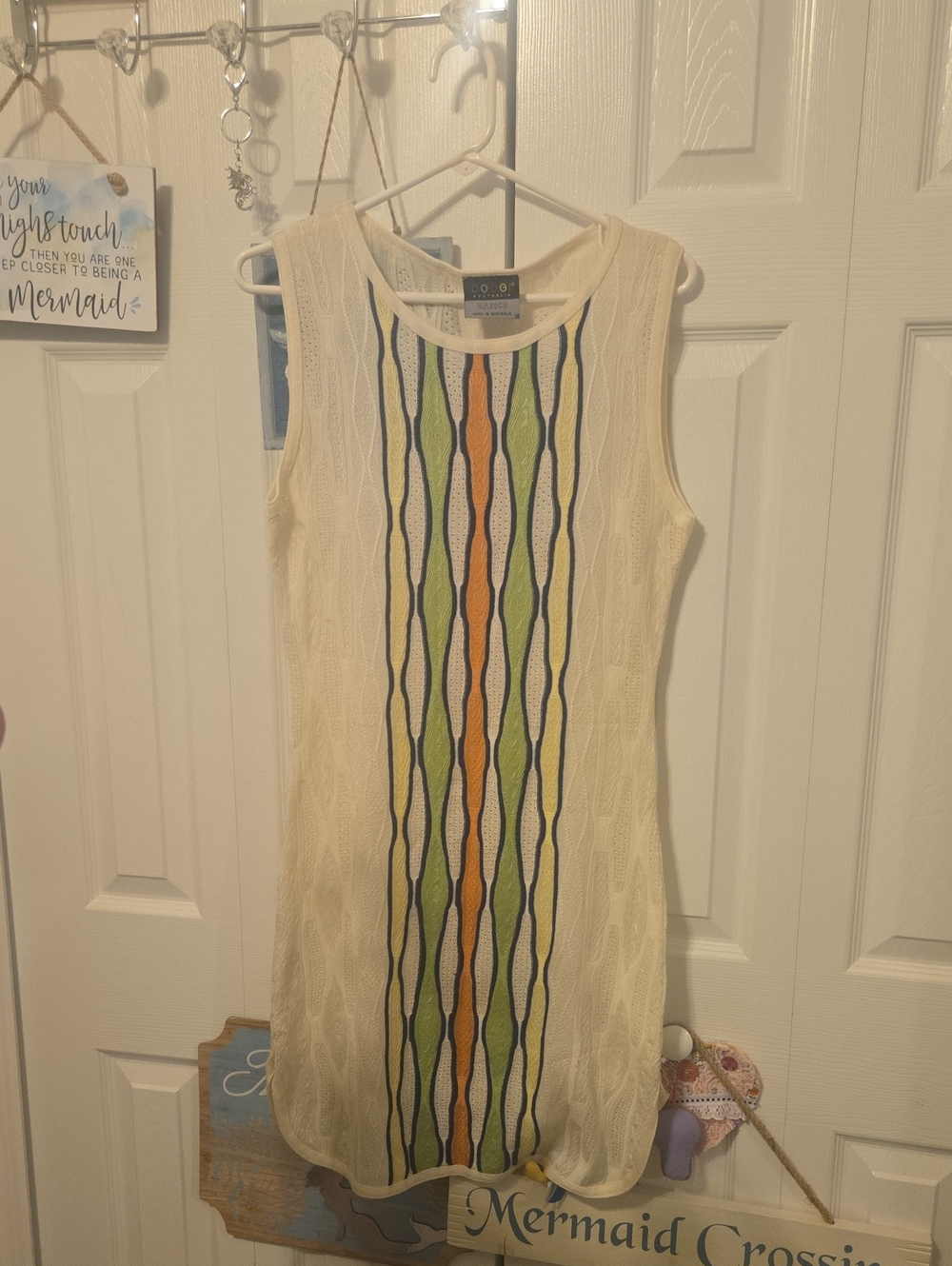 COOGI Cream Sleeveless Midi Dress with Navy, Orange & Green Stripes
